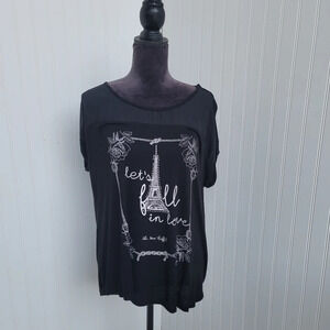 SJS Women's XL T-Shirt Black Studded Let's Fall In Love Eiffel Tower Stretch Top
